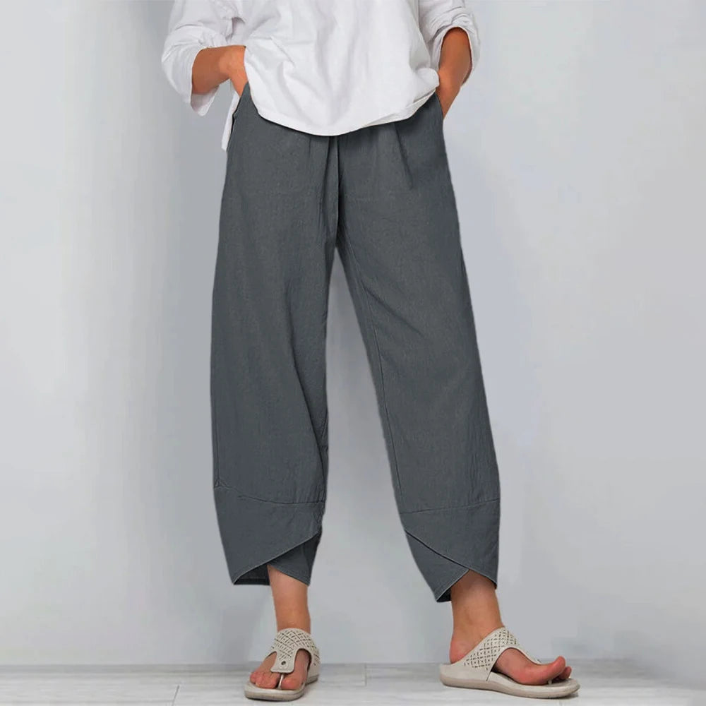 Pantalones bombachos de algodón y lino para mujer, estampado vintage, pierna ancha, casual, bolsillos lisos, Harajuku, cintura alta, holgados, joggers