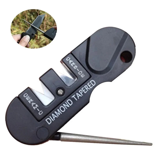 Afilador de cuchillos portátil 4 en 1 – Tungsteno, cerámica y carburo con orificio para llavero