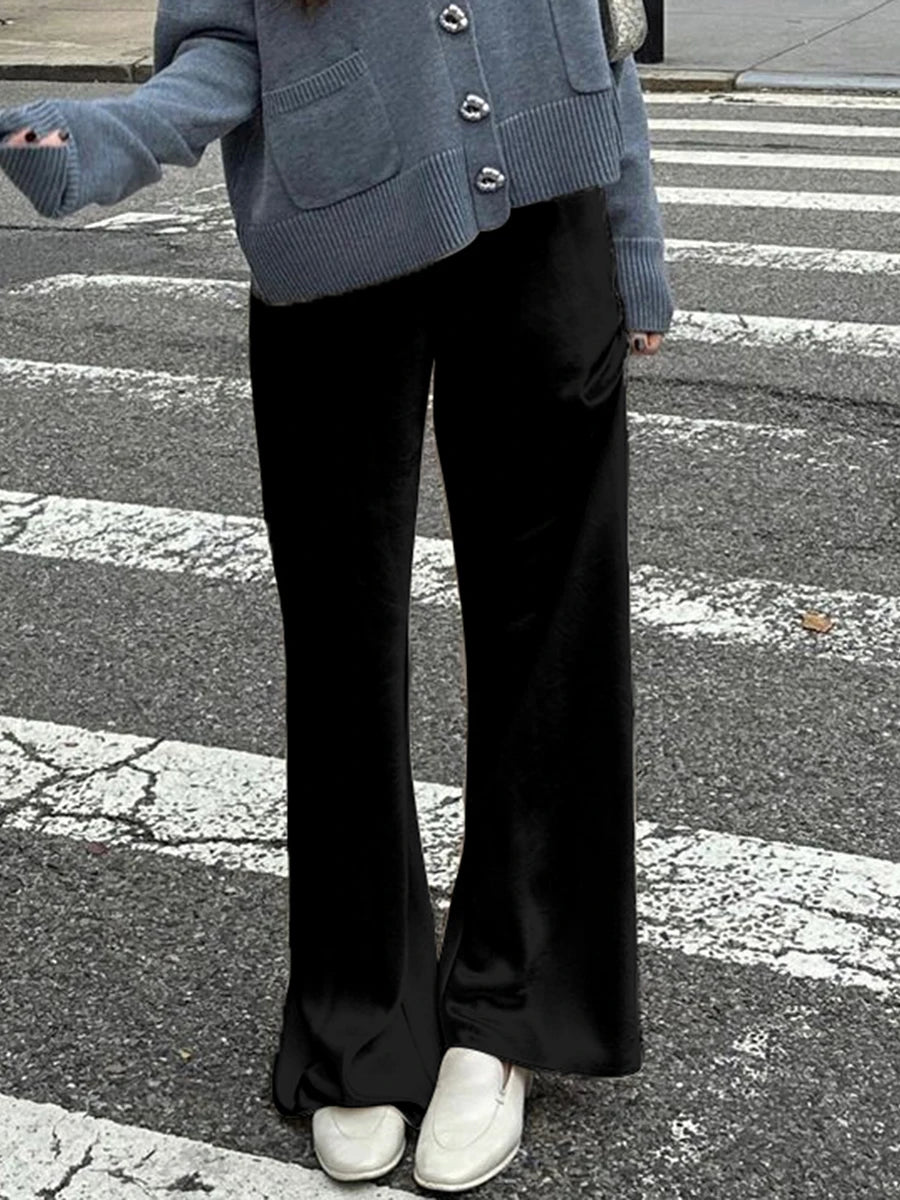 Elegantes pantalones de satén de pernera ancha para mujer, con estilo, cintura elástica, ajuste holgado, pantalones largos para ropa de calle, trabajo, color liso
