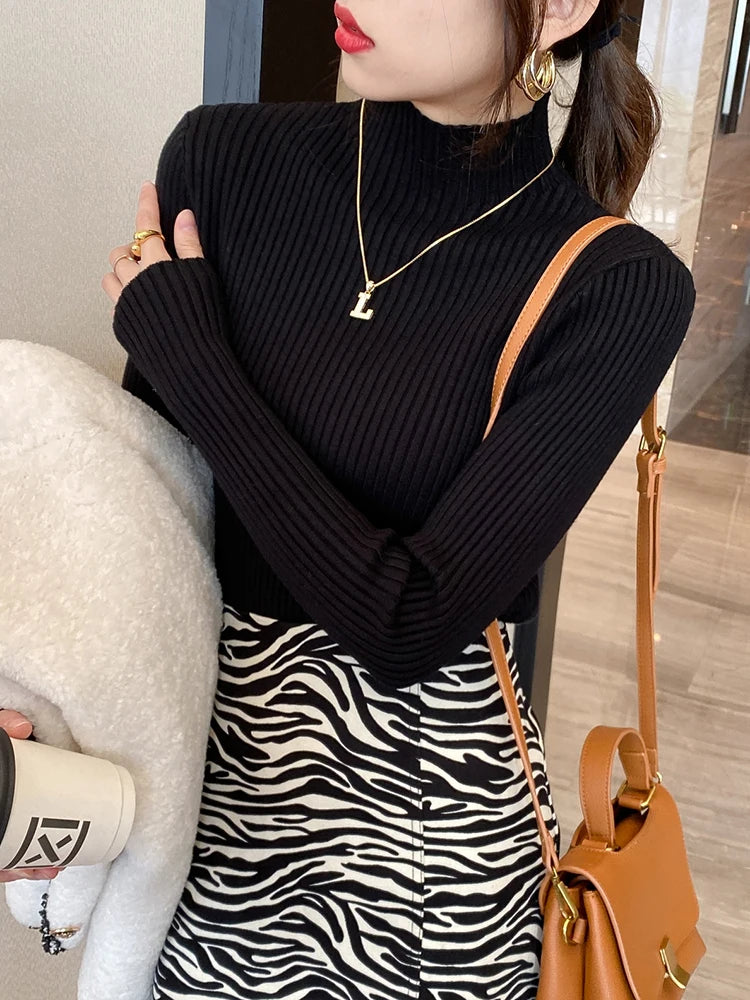 Women's Elegant Mock Neck Slim Knit Sweater | Long Sleeve Casual Pullover 9 Colors One Size