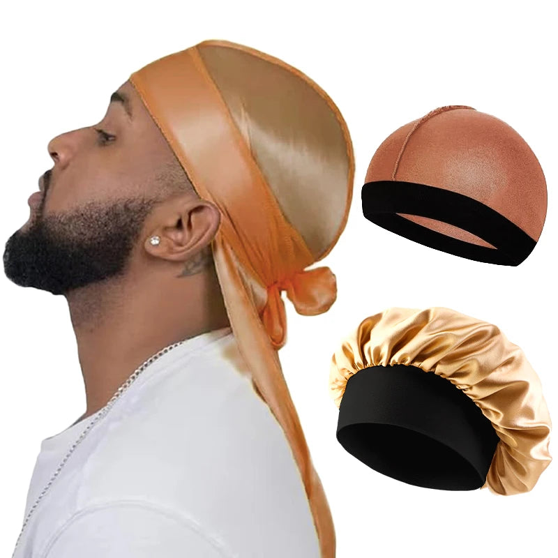 Silky Durag 3-Pack – Long Tail Wave Cap, Satin Bonnet & Headband for Men & Women
