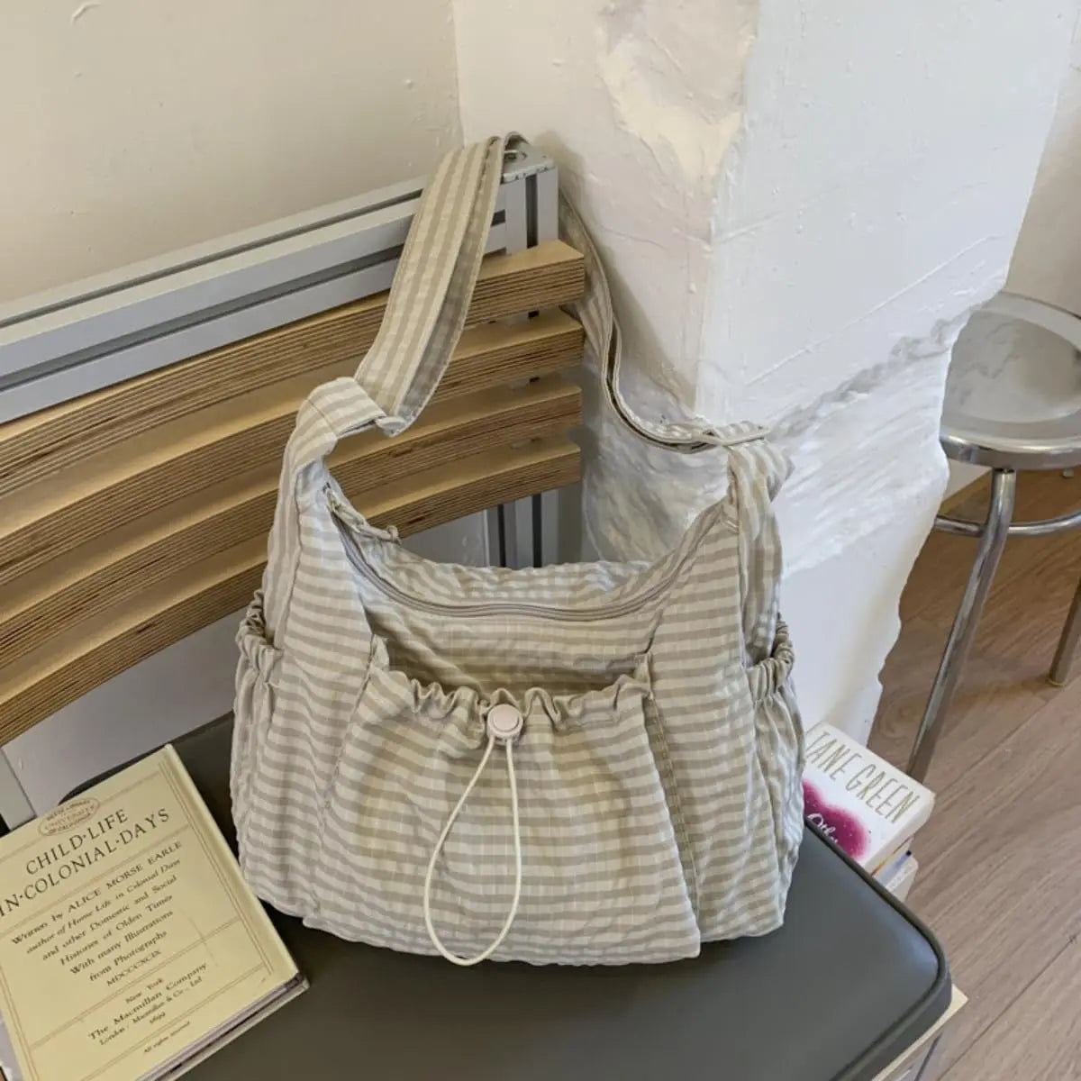 Korean Style Plaid Casual Shoulder Bag, Lightweight Checkered Crossbody Bag with Adjustable Strap, Cotton Quilted Fabric Handbag