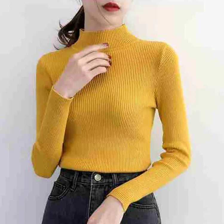 Women's Mock Neck Slim Knit Pullover | Vintage Basic Solid Sweater 11 Colors One Size