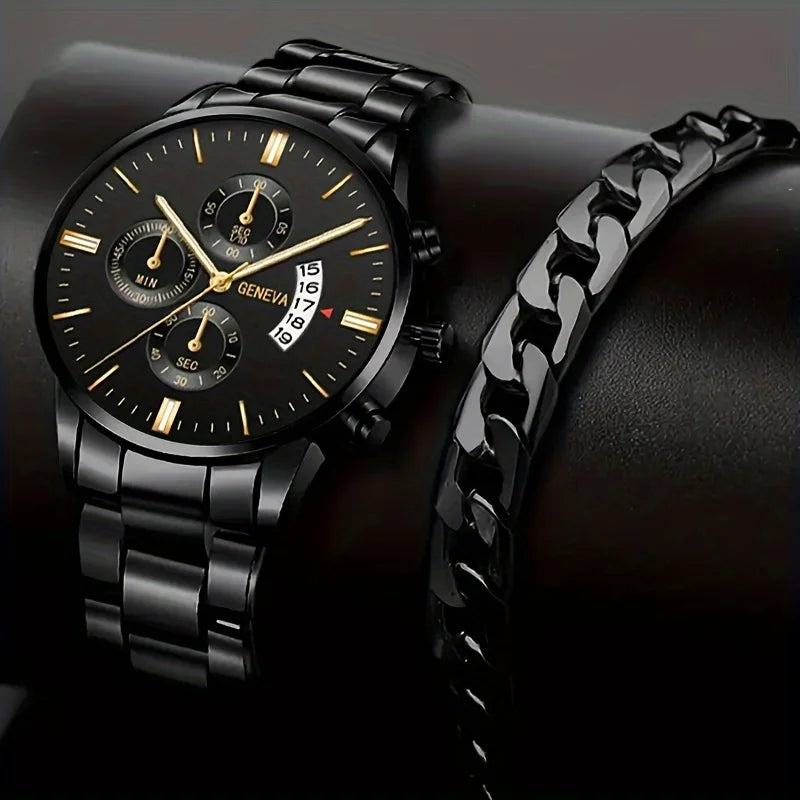 Men's Quartz Watch & Bracelet Gift Set – Calendar Chronograph-Style Dial