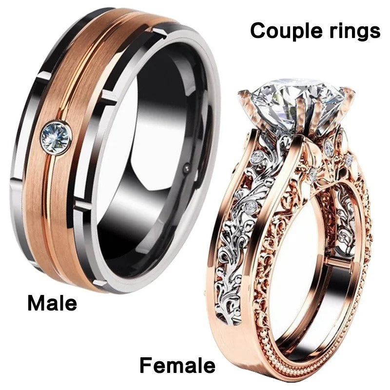Hollow Carved Zirconia Couple Ring | Rose Gold & Silver | Bridal Engagement & Wedding Jewelry