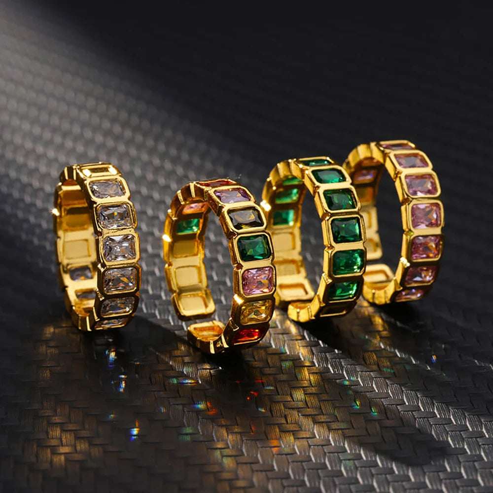 Anillo Abierto de Circonita Cúbica de Colores | Acero Inoxidable Bañado en Oro de 18K | Estilo Boho Vintage | Regalo para Mujer