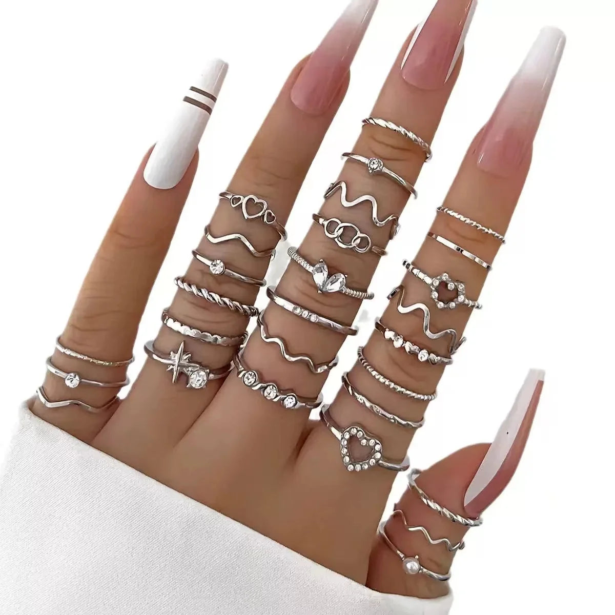 23-Piece Luxury Zircon Wave Ring Set for Women | Multi-Element Daily Wear