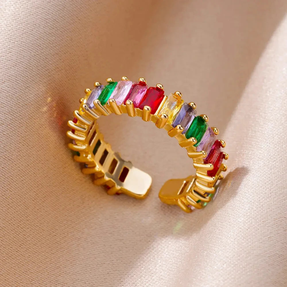 Anillo Abierto de Circonita Cúbica de Colores | Acero Inoxidable Bañado en Oro de 18K | Estilo Boho Vintage | Regalo para Mujer
