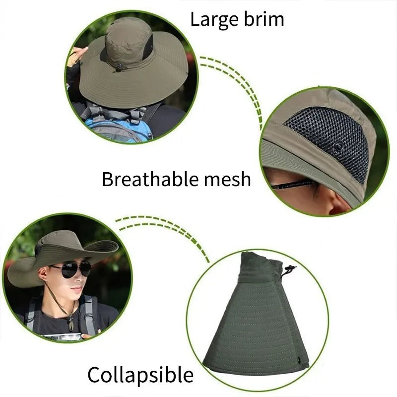 Large Brim Polyester Sun Hat UV Protection Breathable Mesh Cap Foldable Men and Women Outdoor Fishing Hiking Beach Caps