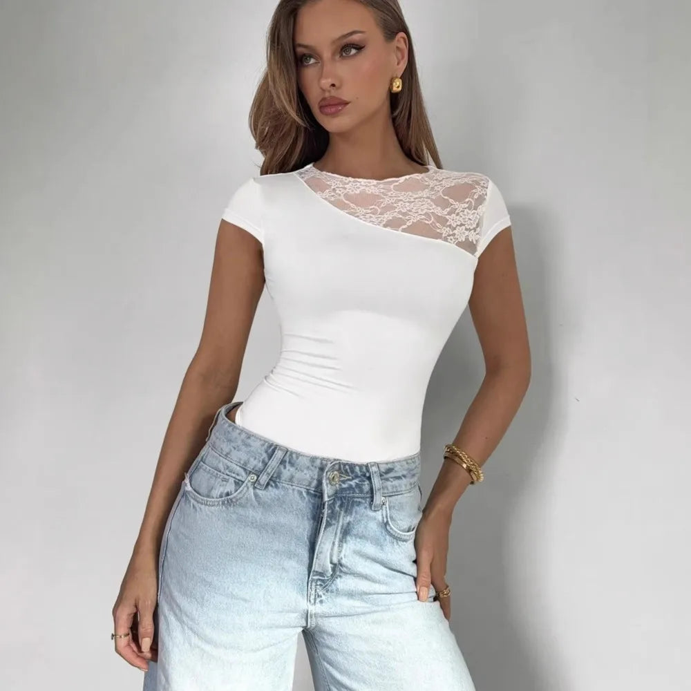Women's Lace Panel Bodysuit – Short Sleeve Slim Fit Patchwork Top