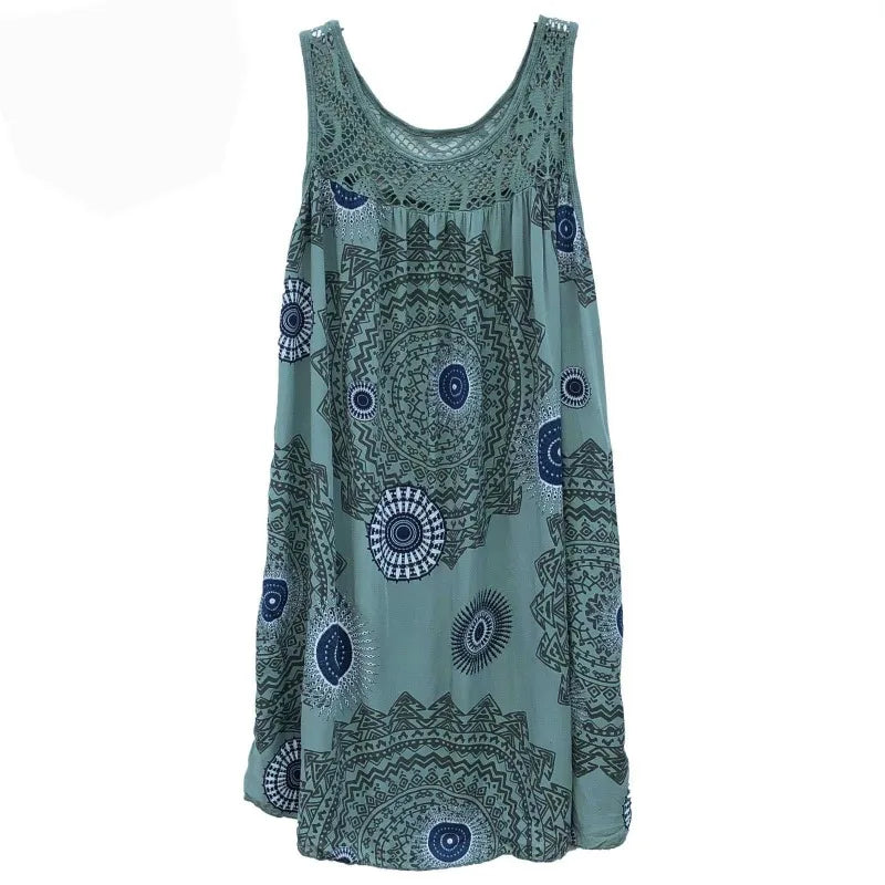 Women's Plus Size Boho Print Swing Dress – Lace Crochet Neck Sleeveless Camisole