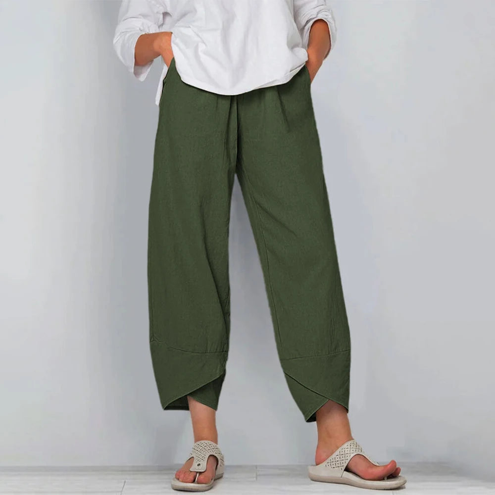 Pantalones bombachos de algodón y lino para mujer, estampado vintage, pierna ancha, casual, bolsillos lisos, Harajuku, cintura alta, holgados, joggers