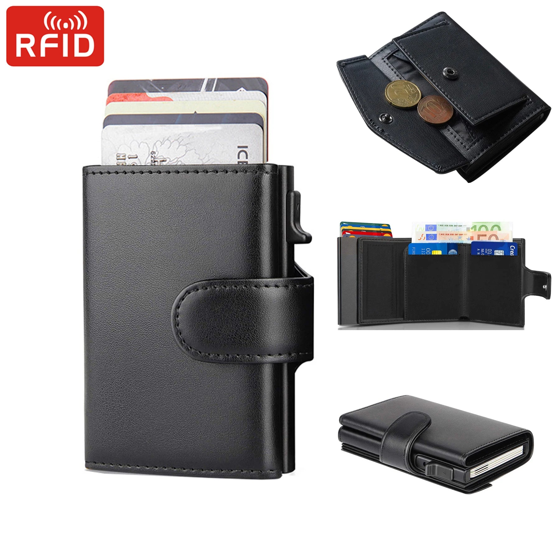 RFID Trifold Wallet — Slim Microfiber Leather Card Holder with Coin & Note Compartments