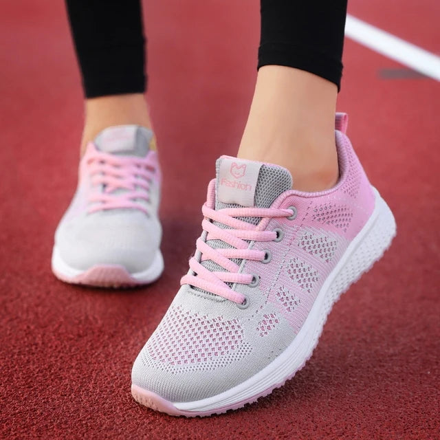 Women's Breathable Mesh Lace-Up Sneakers – Lightweight Flat Walking Shoes