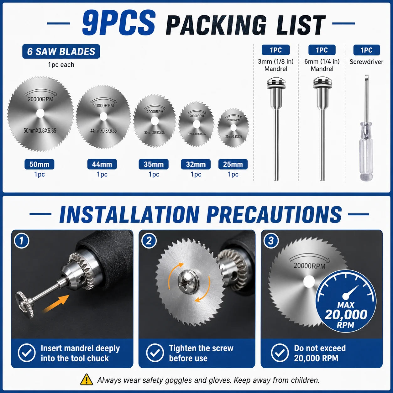 9pcs Rotary Tool Cutting Wheel Set HSS Saw Disc Blades 1/8' & 1/4' Shank Wood Plastic Aluminum Cutting Set with Screwdriver