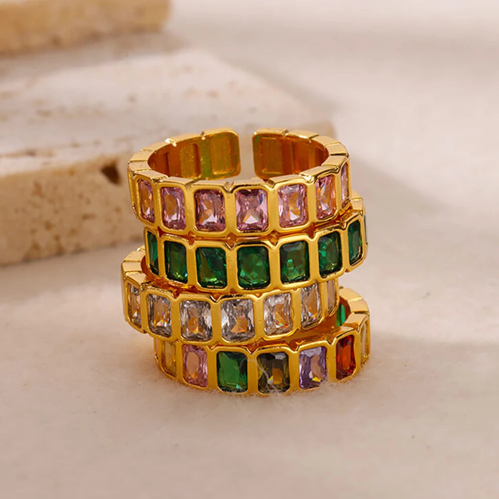 Anillo Abierto de Circonita Cúbica de Colores | Acero Inoxidable Bañado en Oro de 18K | Estilo Boho Vintage | Regalo para Mujer