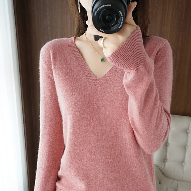 Women's V-Neck Lace Hollow-Out Knit Sweater | Casual Long Sleeve Pullover 10 Colors M-XXL