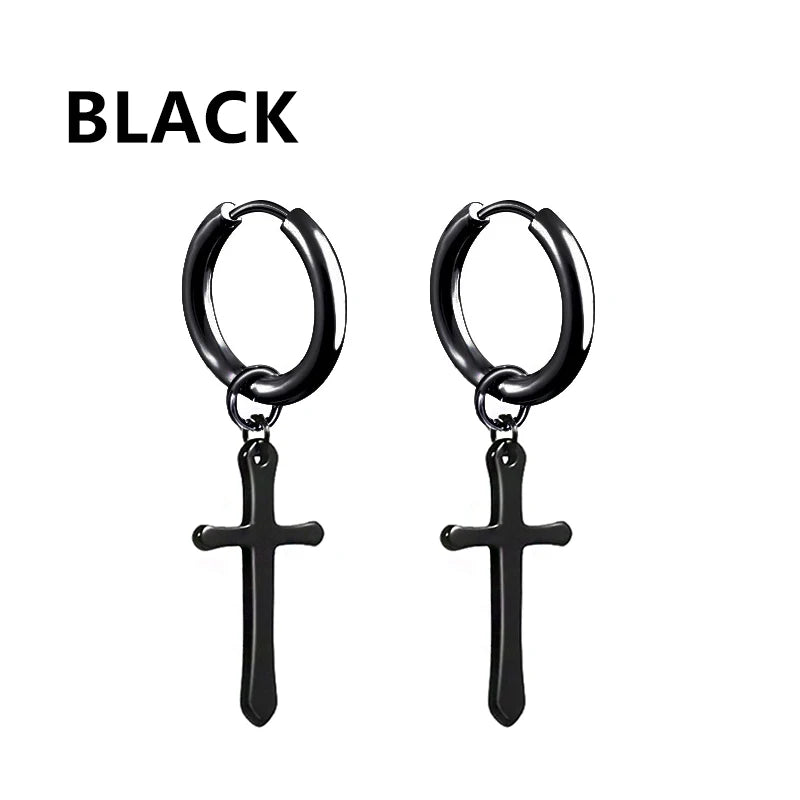 Pendientes de Aro y Botón de Acero Inoxidable Punk – Estilo Redondo y Cruzado Unisex