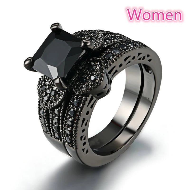 Charm Couple Rings – Red Rhinestone Women's & Celtic Dragon Men's Wedding Band Set