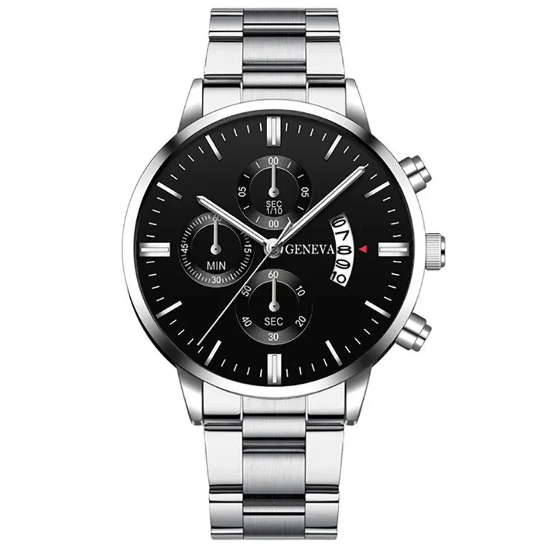 Men's Quartz Watch & Bracelet Gift Set – Calendar Chronograph-Style Dial