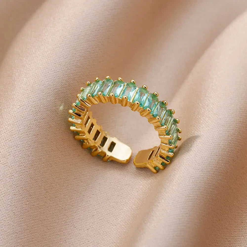 Anillo Abierto de Circonita Cúbica de Colores | Acero Inoxidable Bañado en Oro de 18K | Estilo Boho Vintage | Regalo para Mujer