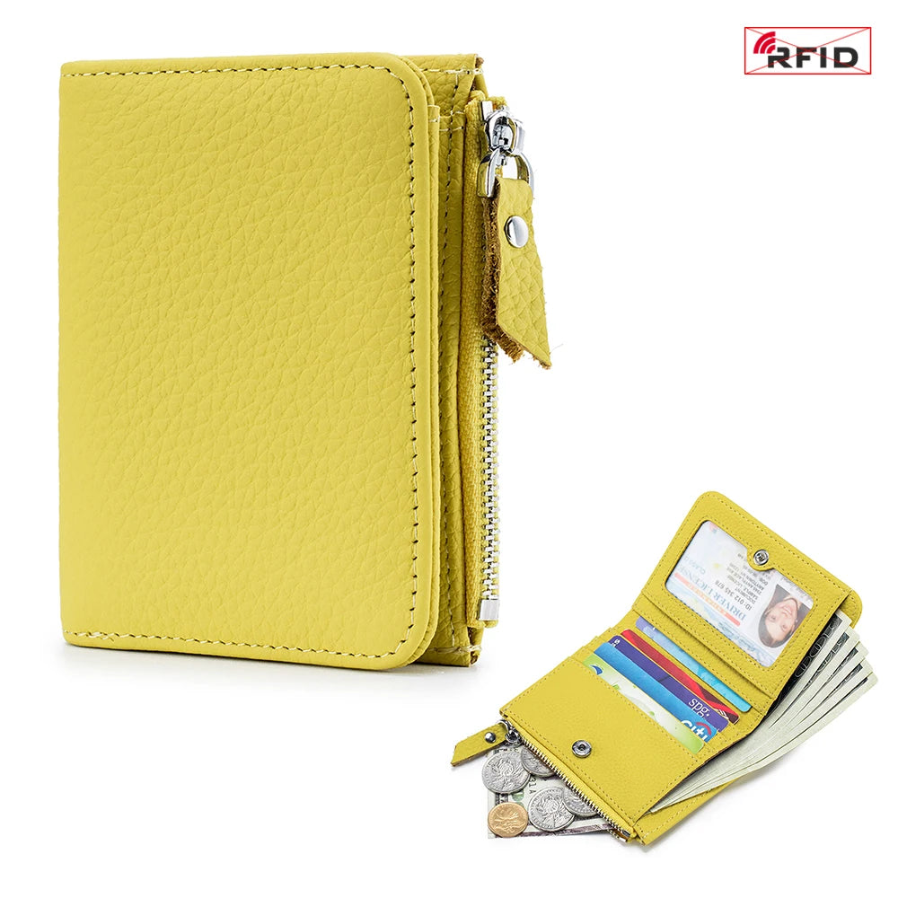 Genuine Cow Leather Short Wallet — RFID Blocking Card Holder & Coin Purse