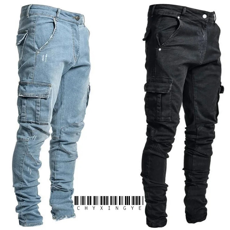 Men’s Multi-Pocket Cargo Jeans – Relaxed Fit Washed Denim Pants