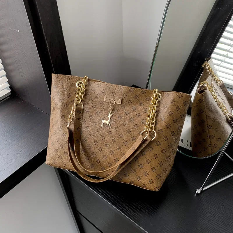 Luxury Plaid Print Tote Bag — Large Capacity PU Leather Shoulder Bag with Tassel Pendant