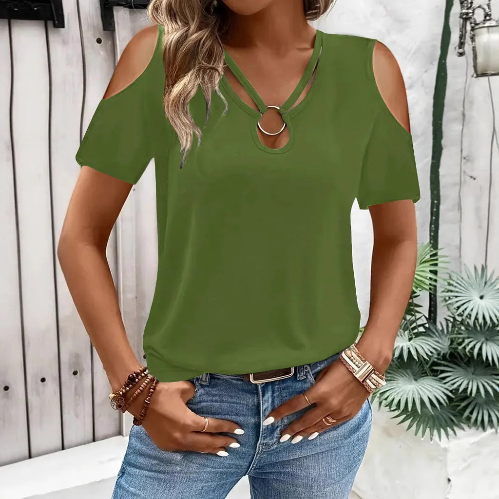 Women's Hollow Out Blouse - Off Shoulder Cross V-Neck (S-XXL)