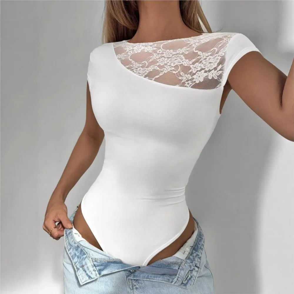 Women's Lace Panel Bodysuit – Short Sleeve Slim Fit Patchwork Top