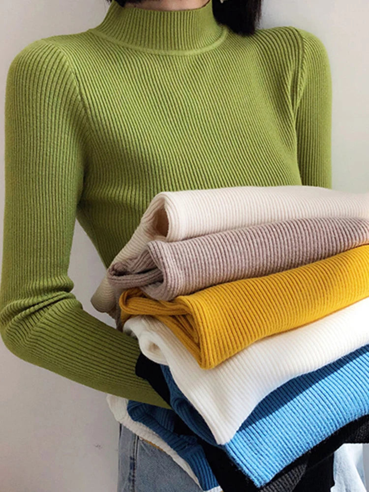 Women's Mock Neck Slim Knit Pullover | Vintage Basic Solid Sweater 11 Colors One Size