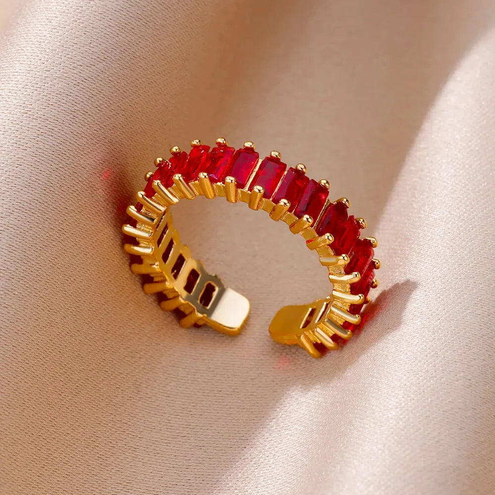 Anillo Abierto de Circonita Cúbica de Colores | Acero Inoxidable Bañado en Oro de 18K | Estilo Boho Vintage | Regalo para Mujer