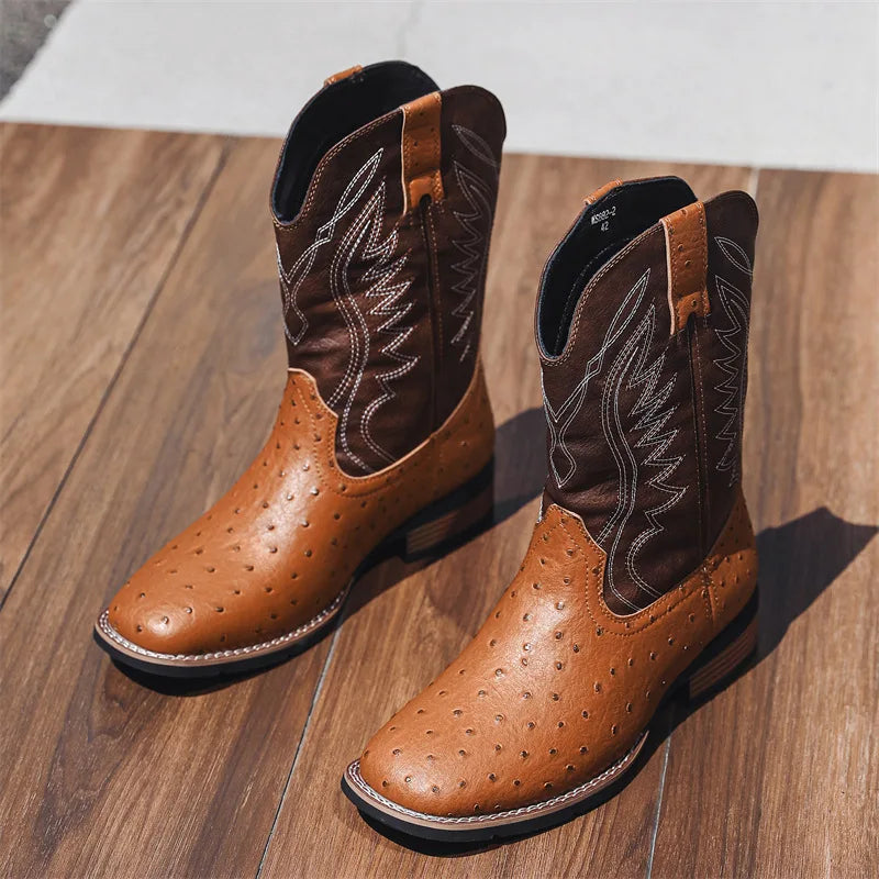Men's Retro Slip-On Cowboy Boots – Wide Square Toe Embroidery Mid-Calf