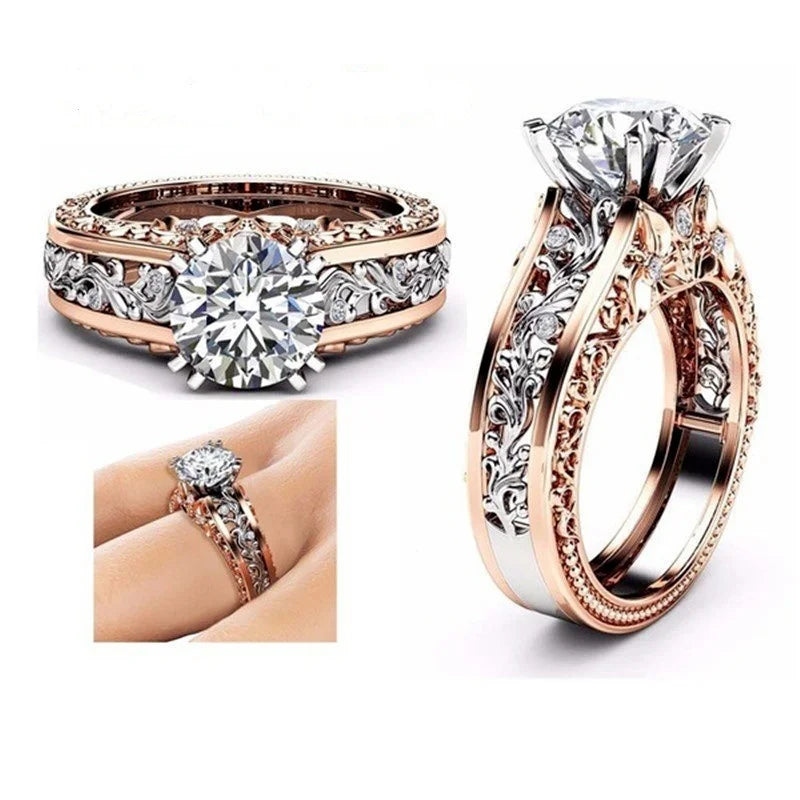 Hollow Carved Zirconia Couple Ring | Rose Gold & Silver | Bridal Engagement & Wedding Jewelry