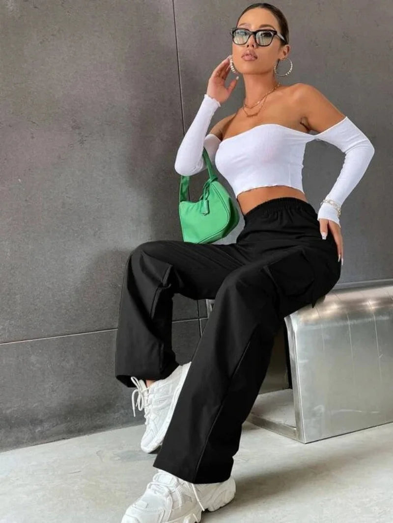 Pantalones de chándal anchos de moda para mujer, informales, de viaje, elegantes, rectos, tipo cargo, de cintura alta elástica, holgados y elegantes.