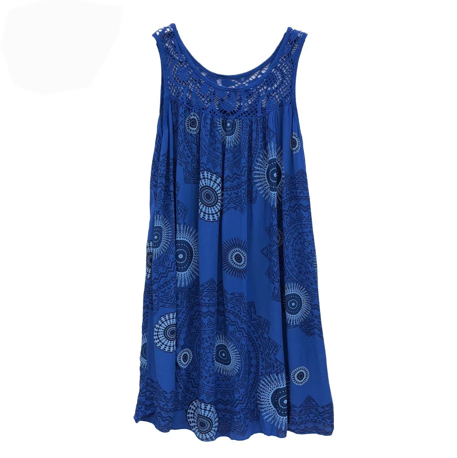 Women's Plus Size Boho Print Swing Dress – Lace Crochet Neck Sleeveless Camisole