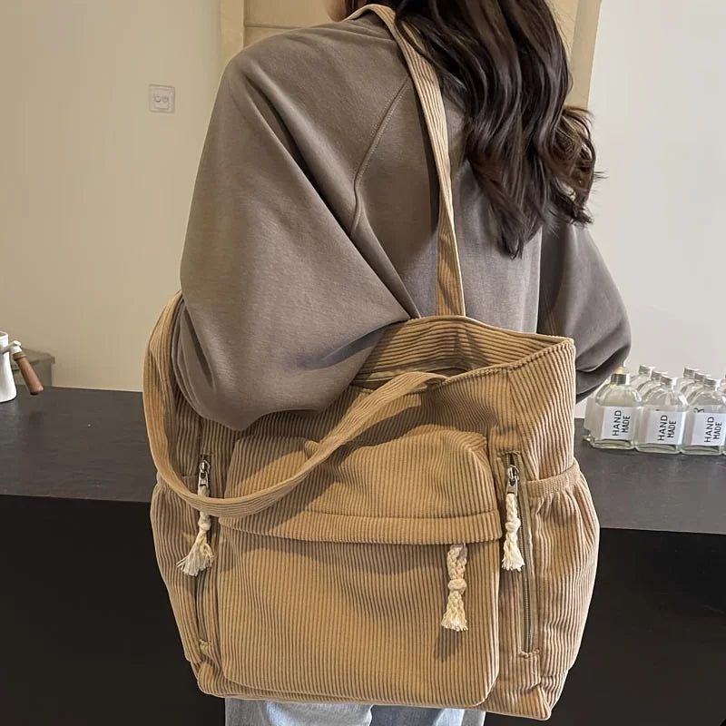 Corduroy Shoulder Tote Bag — Casual Multi-Pocket Women's Handbag