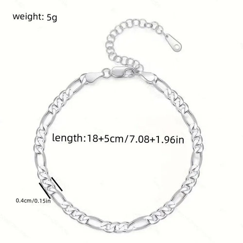 Pulsera y tobillera de cadena de corazón de plata de ley 925 – 4 mm, 18+5 cm ajustable