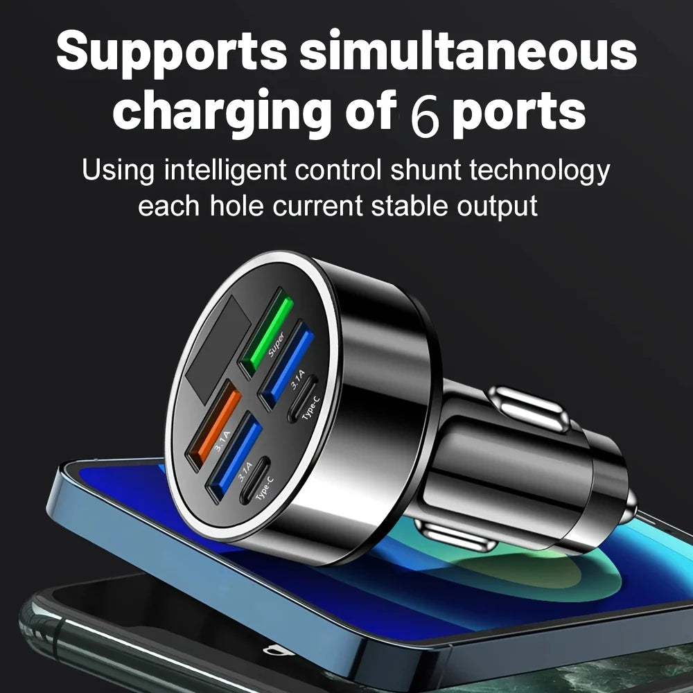 6-in-1 Fast Charging Car Adapter – 3.1A Dual USB & Type-C with Digital Display