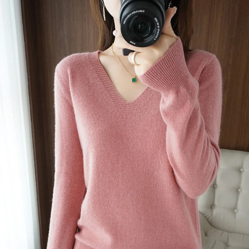 Women's V-Neck Lace Hollow-Out Knit Sweater | Casual Long Sleeve Pullover 10 Colors M-XXL