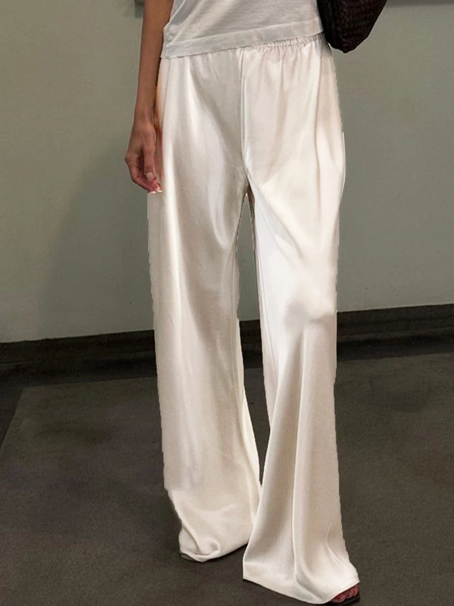 Elegantes pantalones de satén de pernera ancha para mujer, con estilo, cintura elástica, ajuste holgado, pantalones largos para ropa de calle, trabajo, color liso