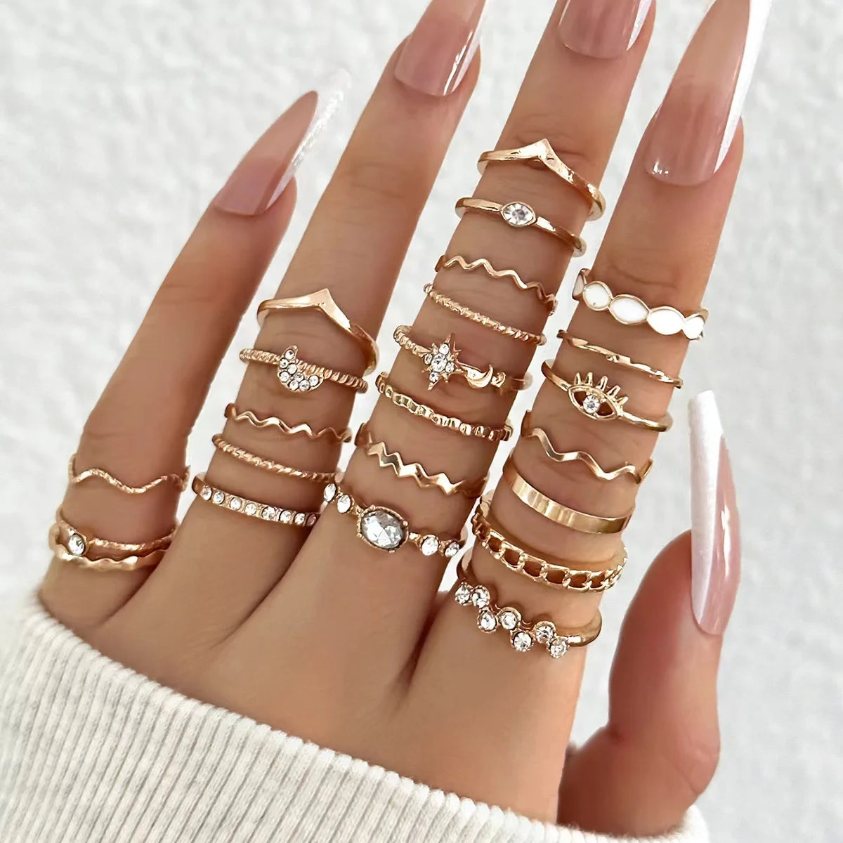 23-Piece Luxury Zircon Wave Ring Set for Women | Multi-Element Daily Wear