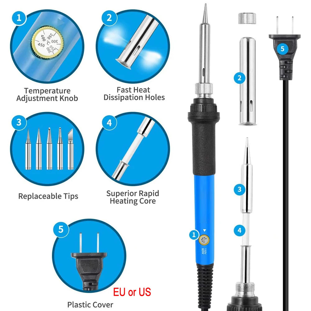Electric Soldering Iron Kit – 60W Adjustable Temp, 10/16/20-in-1, US & EU Plug