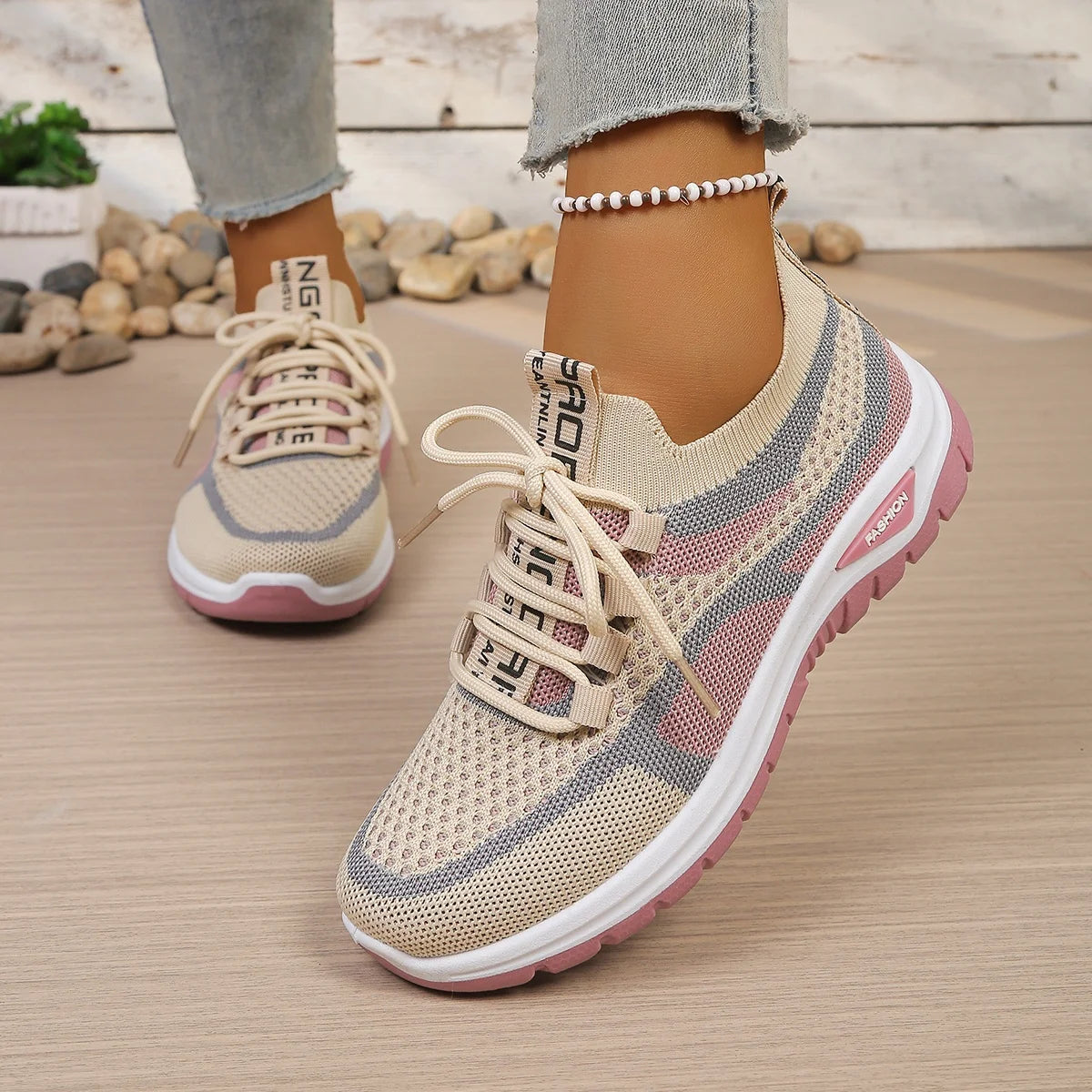 Women's Two-Tone Canvas Sneakers – Lace-Up Casual Work Shoes
