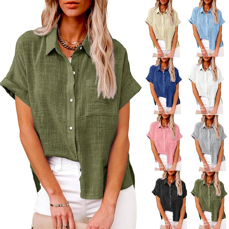 Women's Linen Pocket Blouse - Short Sleeve Loose Fit (S-5XL)