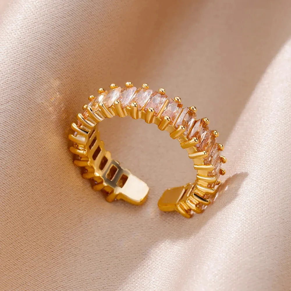 Anillo Abierto de Circonita Cúbica de Colores | Acero Inoxidable Bañado en Oro de 18K | Estilo Boho Vintage | Regalo para Mujer