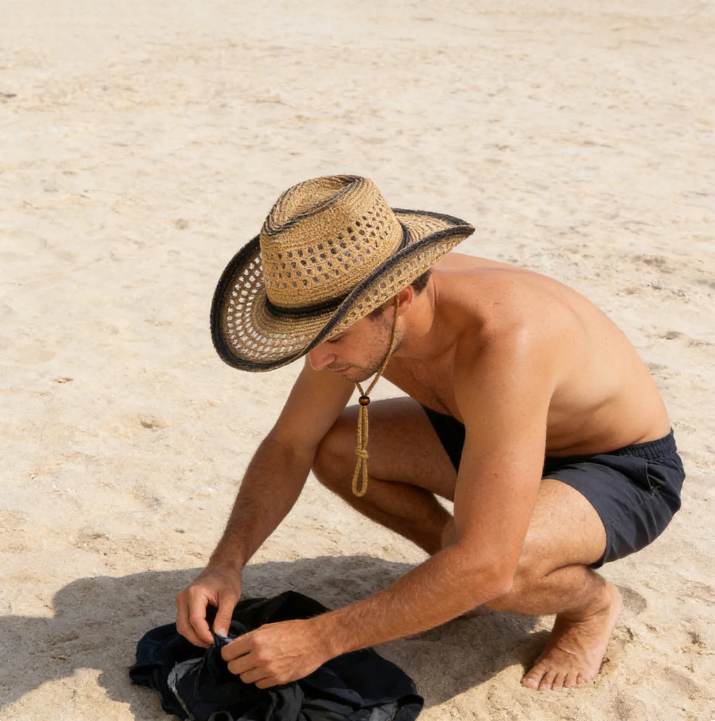 Breathable Hollow-Out Woven Denim Straw Hat with Black Trim and Contrasting Color, with Windproof Strap, Suitable for Outdoor Beach Sun Protection, Unisex, Holiday Gift