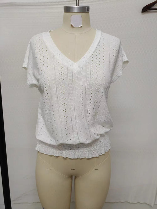 2025 Primavera Verano Nuevas Blusas de Moda Unicolor con Cuello en V Jacquard Calado Smocking Camisas de Manga Corta Moda Casual Tops de Mujer