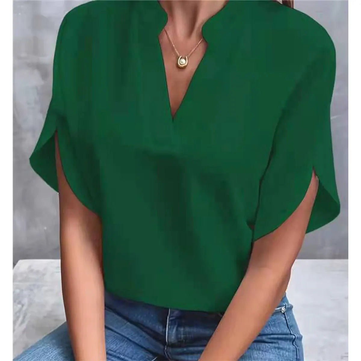 Women's V-Neck Blouse - Short Sleeve Loose Fit (S-XXL)