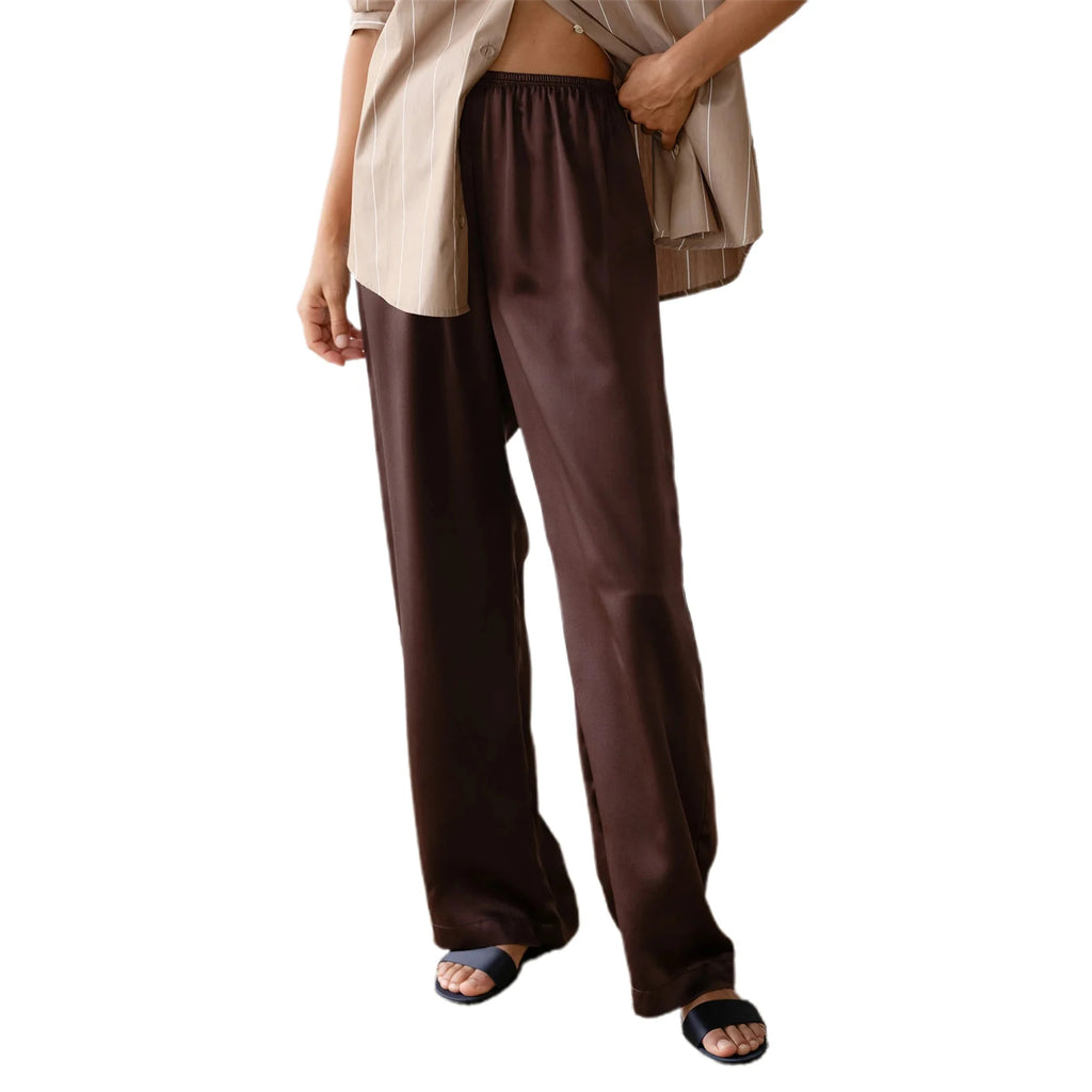 Elegantes pantalones de satén de pernera ancha para mujer, con estilo, cintura elástica, ajuste holgado, pantalones largos para ropa de calle, trabajo, color liso